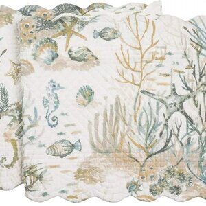 C&F Home Cerulean Shores Cotton Quilted Table Runner Coastal Seashells-14"x51"